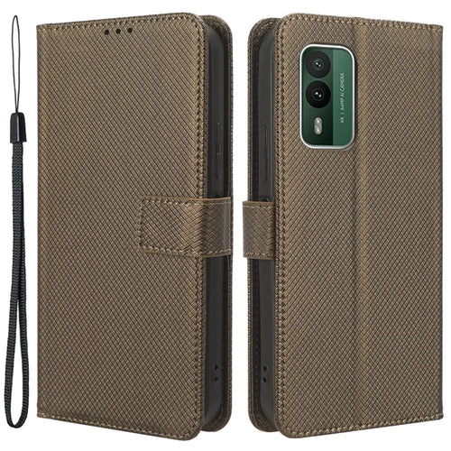 For Nokia XR21 Shockproof Wallet Phone Case PU Leather Diamond Texture Cover with Stand - Brown - 1