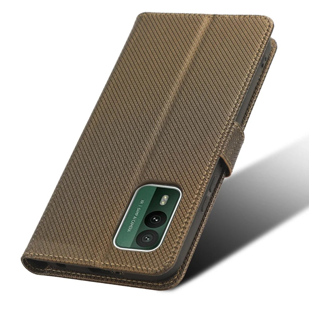 For Nokia XR21 Shockproof Wallet Phone Case PU Leather Diamond Texture Cover with Stand - Brown - 4