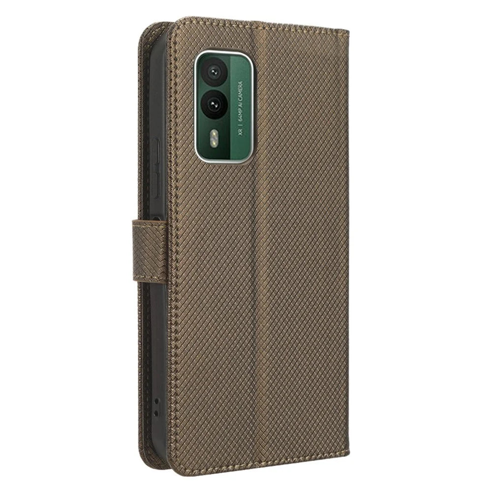 For Nokia XR21 Shockproof Wallet Phone Case PU Leather Diamond Texture Cover with Stand - Brown - 6