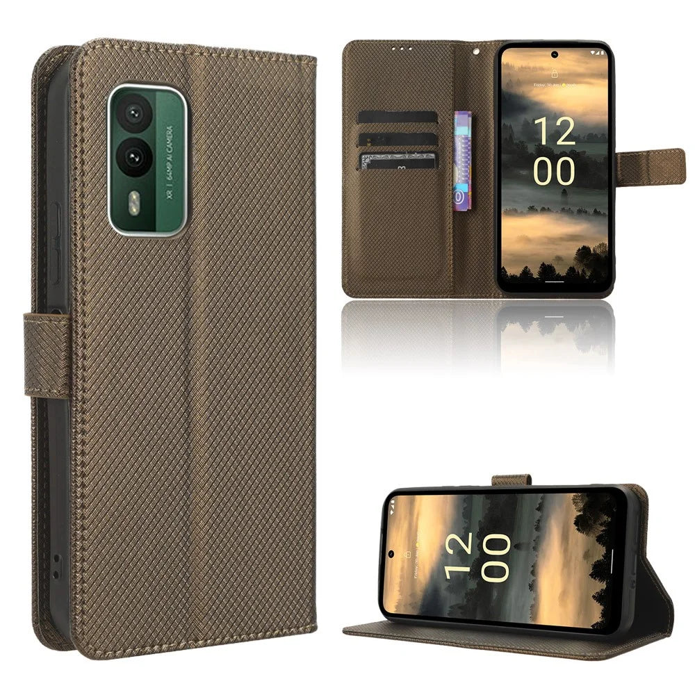 For Nokia XR21 Shockproof Wallet Phone Case PU Leather Diamond Texture Cover with Stand - Brown - 7