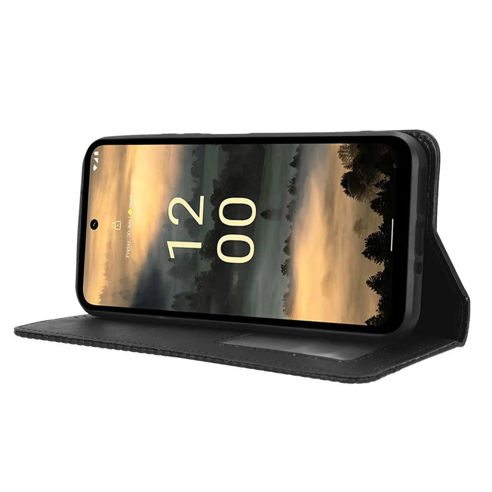 For Nokia XR21 PU Leather Shockproof Shell Retro Stand Wallet Phone Case - Black - 3