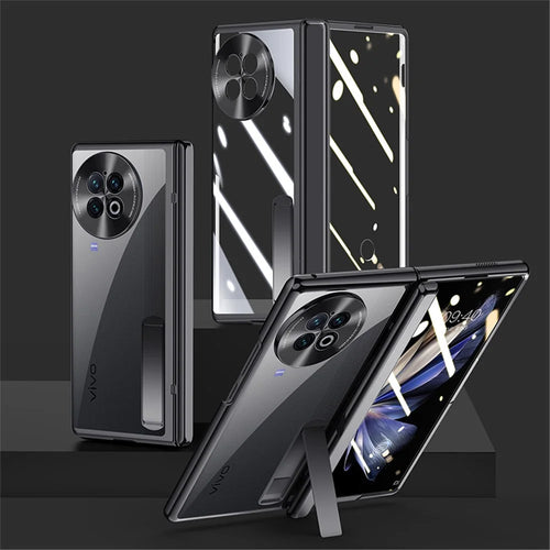 For vivo X Fold2 Hinge Protection PC Phone Case Kickstand Electroplating Clear Cover with Tempered Glass Film - Black - 1