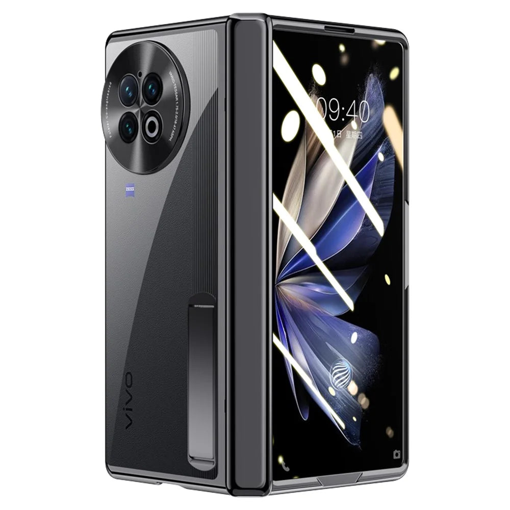 For vivo X Fold2 Hinge Protection PC Phone Case Kickstand Electroplating Clear Cover with Tempered Glass Film - Black - 2
