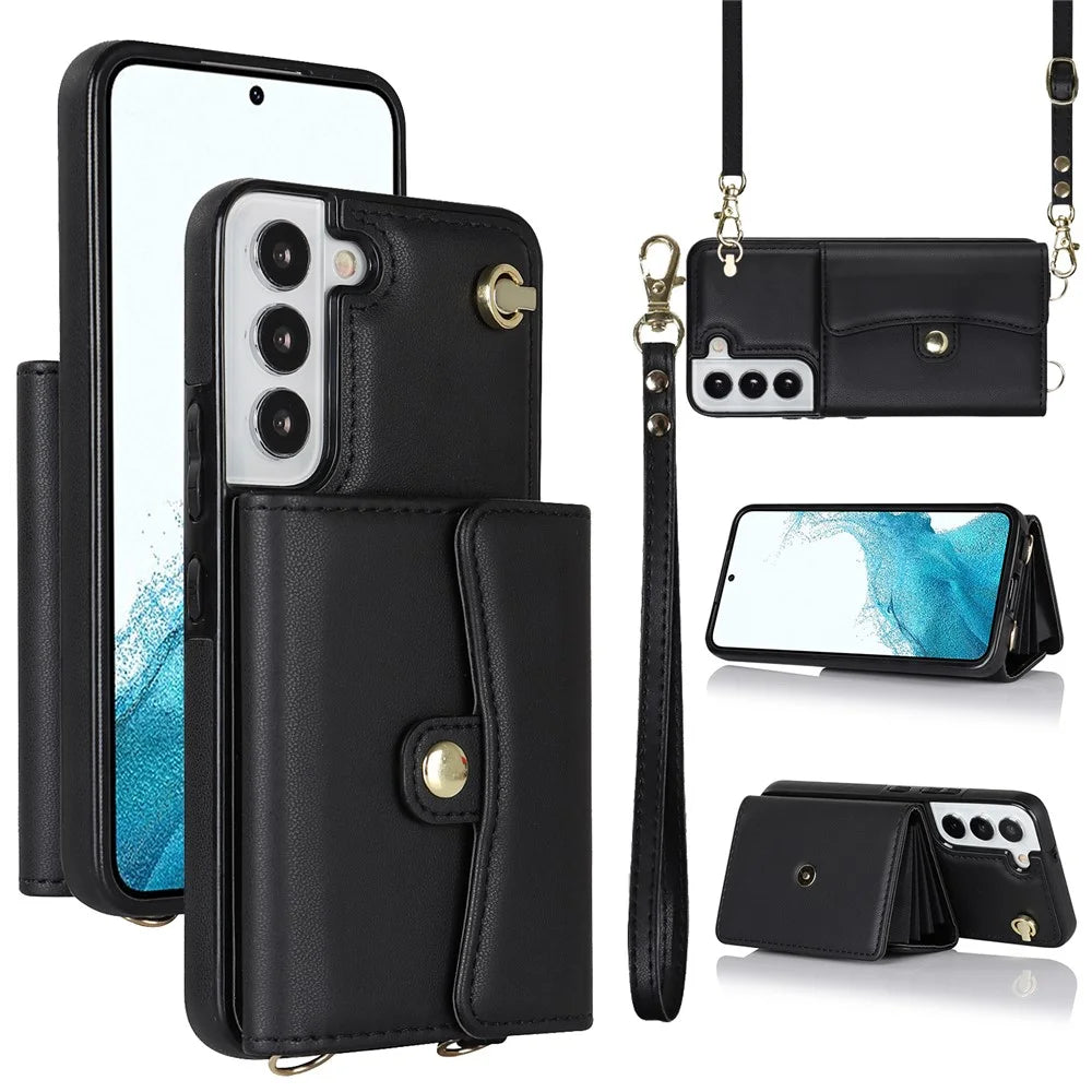 For Samsung Galaxy S22 5G Card Slots Phone Shell PU Leather+TPU Phone Case Kickstand Cover with Short+Long Straps - Black - 1