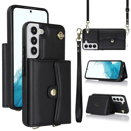 For Samsung Galaxy S22 5G Card Slots Phone Shell PU Leather+TPU Phone Case Kickstand Cover with Short+Long Straps - Black - 1