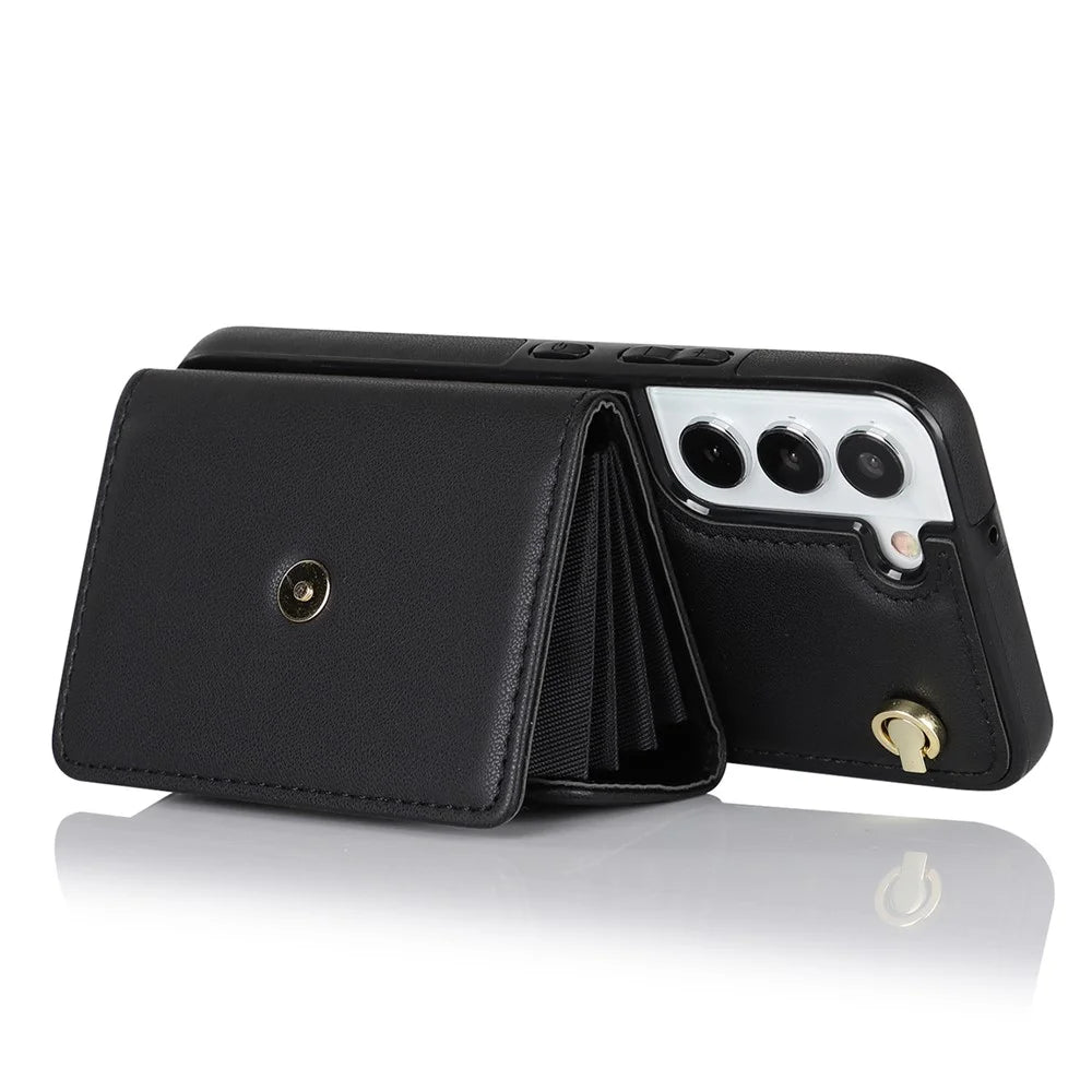 For Samsung Galaxy S22 5G Card Slots Phone Shell PU Leather+TPU Phone Case Kickstand Cover with Short+Long Straps - Black - 2