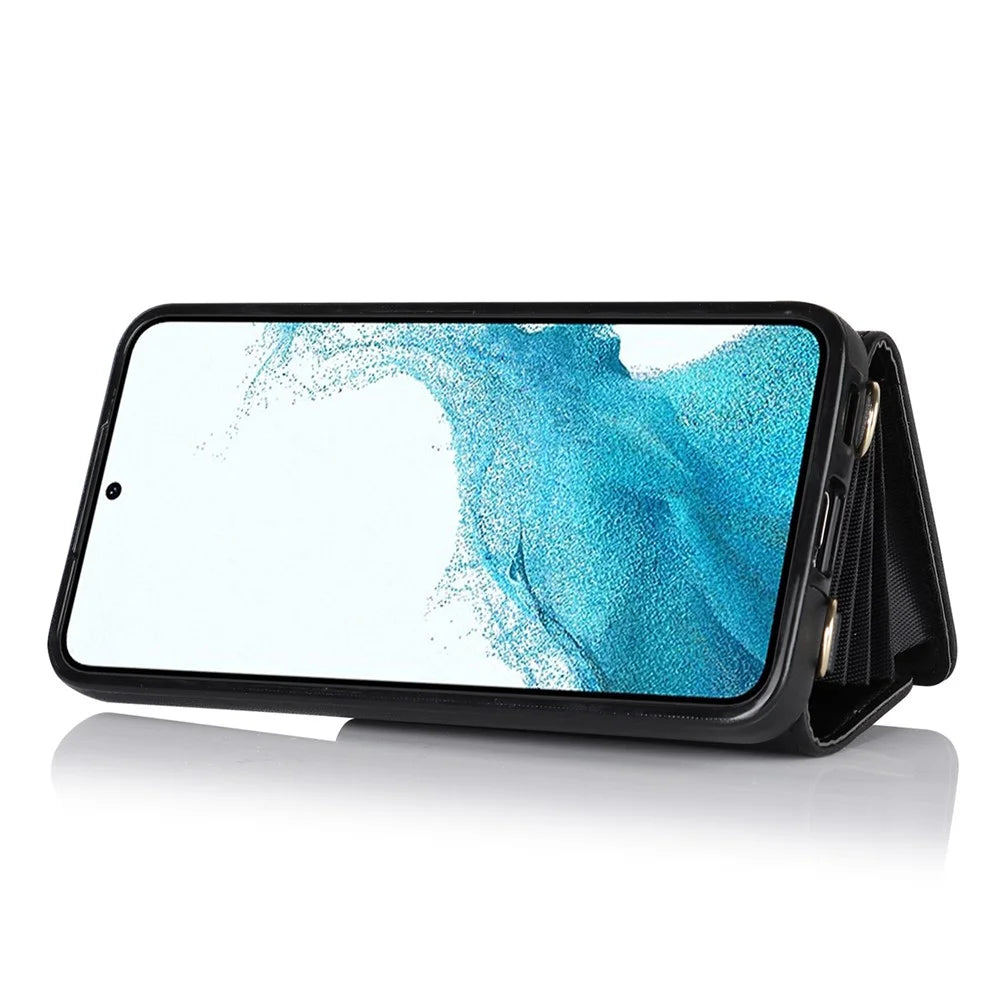 For Samsung Galaxy S22 5G Card Slots Phone Shell PU Leather+TPU Phone Case Kickstand Cover with Short+Long Straps - Black - 3