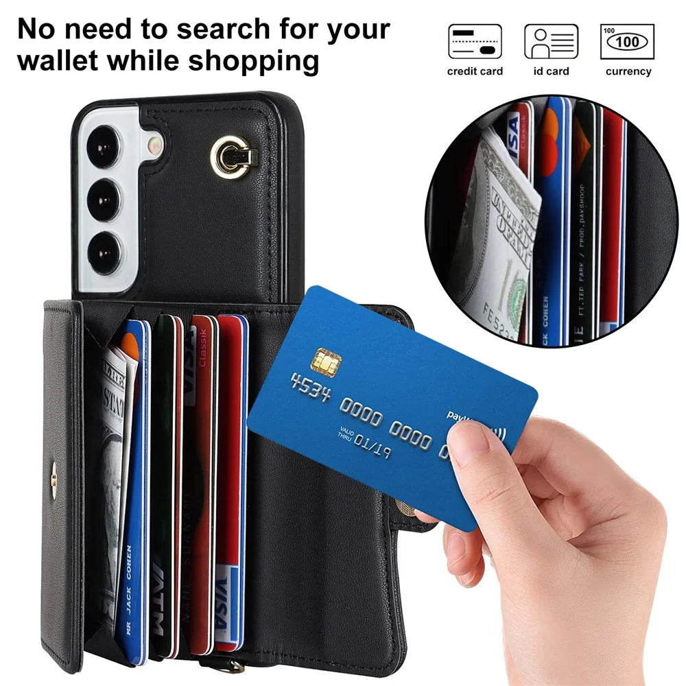 For Samsung Galaxy S22 5G Card Slots Phone Shell PU Leather+TPU Phone Case Kickstand Cover with Short+Long Straps - Black - 4