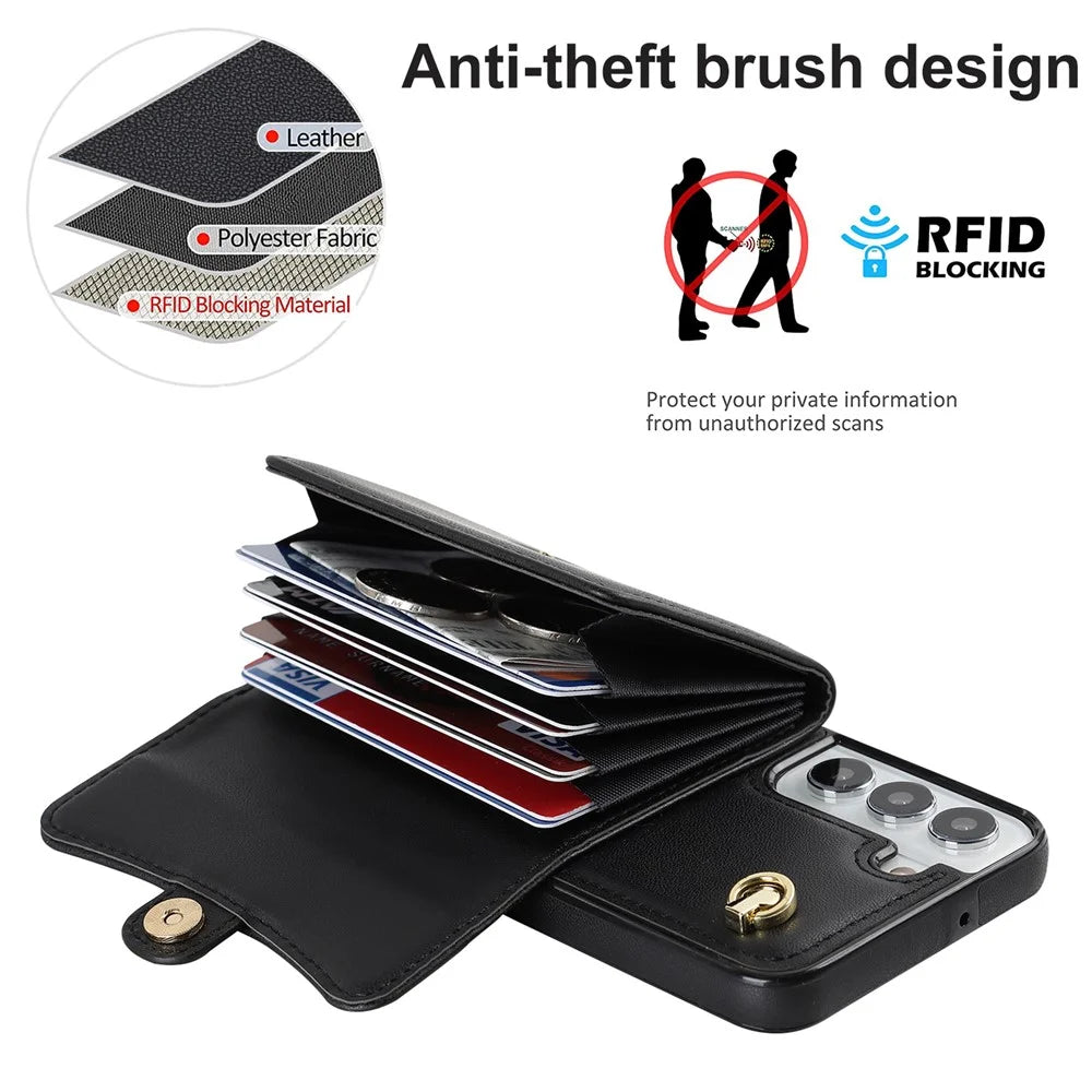 For Samsung Galaxy S22 5G Card Slots Phone Shell PU Leather+TPU Phone Case Kickstand Cover with Short+Long Straps - Black - 5