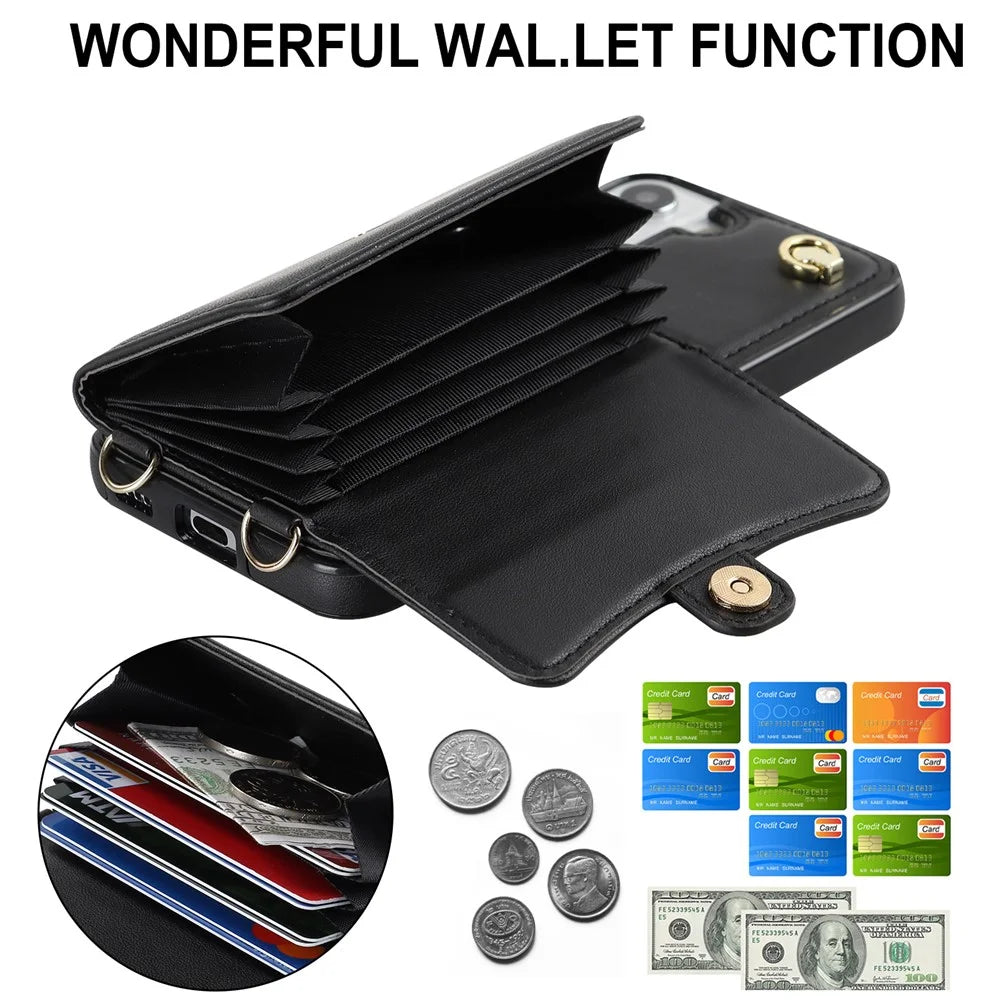 For Samsung Galaxy S22 5G Card Slots Phone Shell PU Leather+TPU Phone Case Kickstand Cover with Short+Long Straps - Black - 6