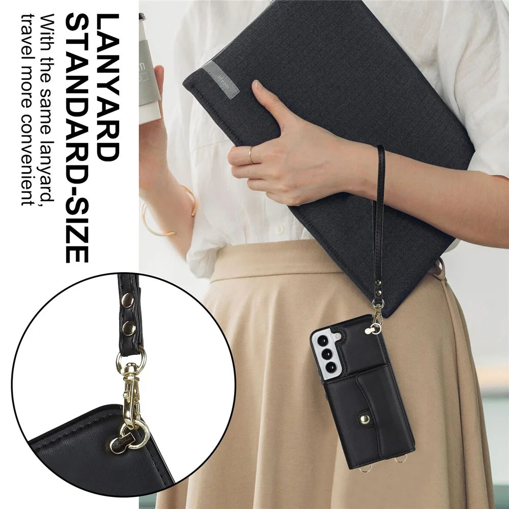 For Samsung Galaxy S22 5G Card Slots Phone Shell PU Leather+TPU Phone Case Kickstand Cover with Short+Long Straps - Black - 7