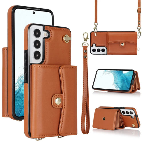 For Samsung Galaxy S22+ 5G Kickstand Cell Phone Case Card Slots PU Leather+TPU Shell Cover with Short+Long Straps - Brown - 1