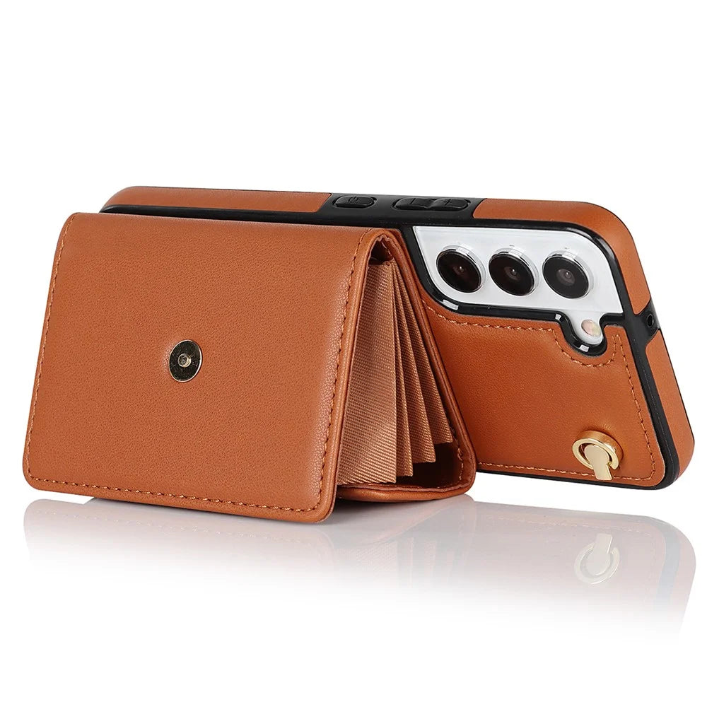 For Samsung Galaxy S22+ 5G Kickstand Cell Phone Case Card Slots PU Leather+TPU Shell Cover with Short+Long Straps - Brown - 2