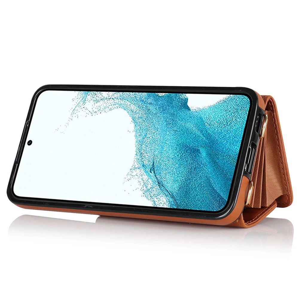 For Samsung Galaxy S22+ 5G Kickstand Cell Phone Case Card Slots PU Leather+TPU Shell Cover with Short+Long Straps - Brown - 3