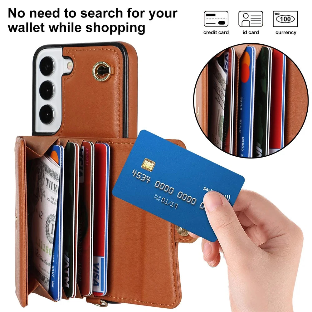 For Samsung Galaxy S22+ 5G Kickstand Cell Phone Case Card Slots PU Leather+TPU Shell Cover with Short+Long Straps - Brown - 4