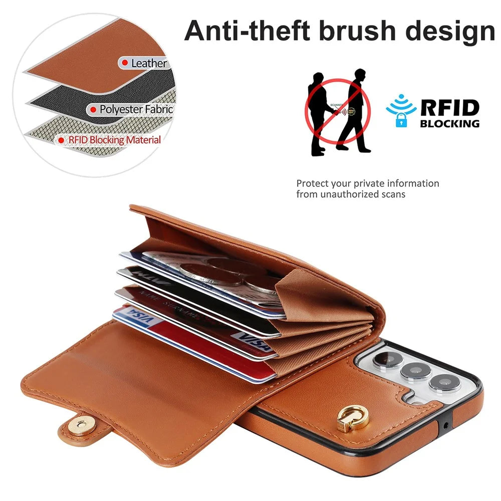 For Samsung Galaxy S22+ 5G Kickstand Cell Phone Case Card Slots PU Leather+TPU Shell Cover with Short+Long Straps - Brown - 5