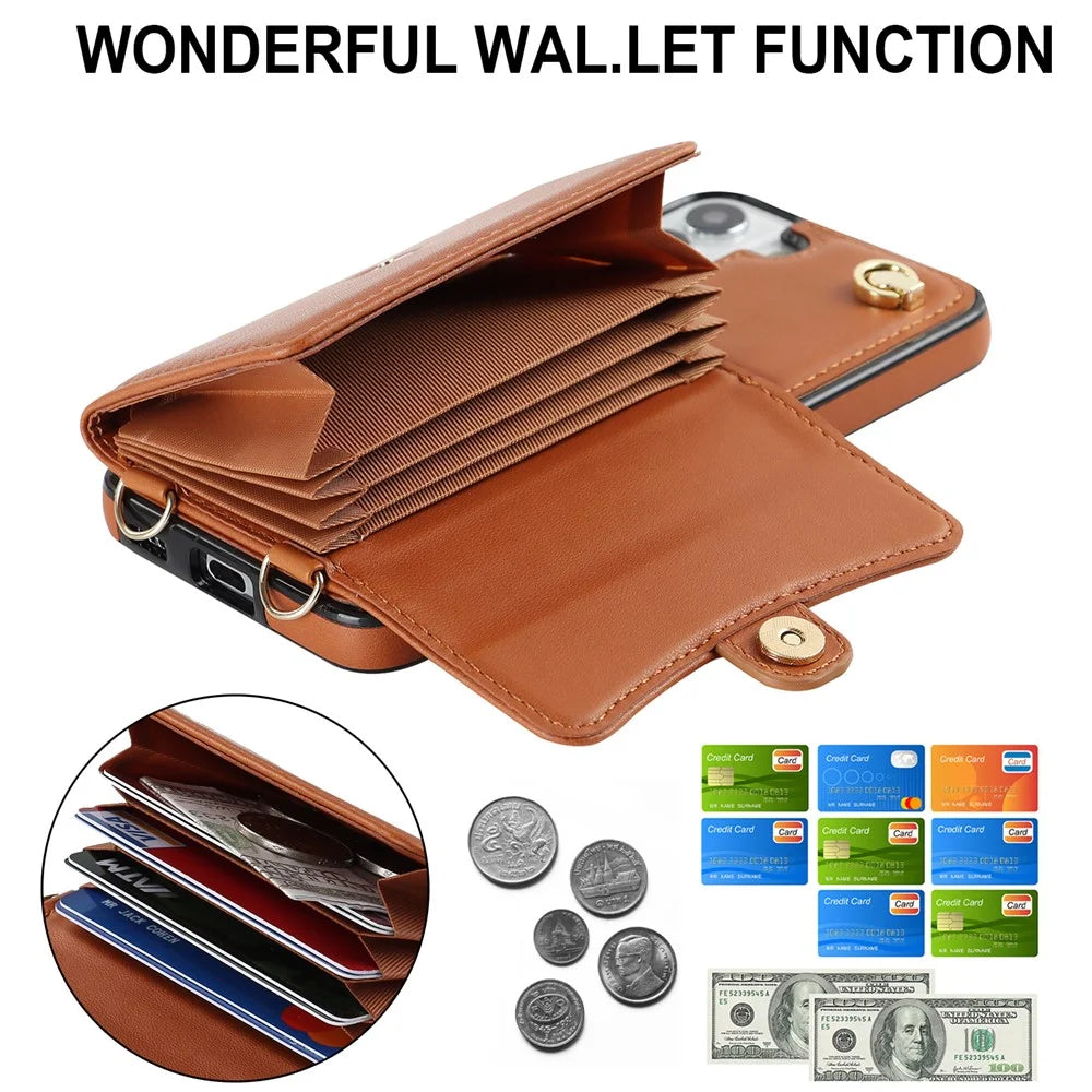 For Samsung Galaxy S22+ 5G Kickstand Cell Phone Case Card Slots PU Leather+TPU Shell Cover with Short+Long Straps - Brown - 6
