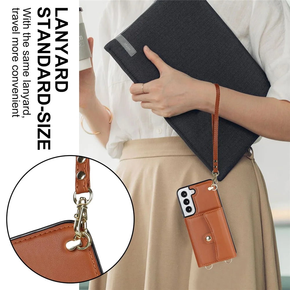 For Samsung Galaxy S22+ 5G Kickstand Cell Phone Case Card Slots PU Leather+TPU Shell Cover with Short+Long Straps - Brown - 7