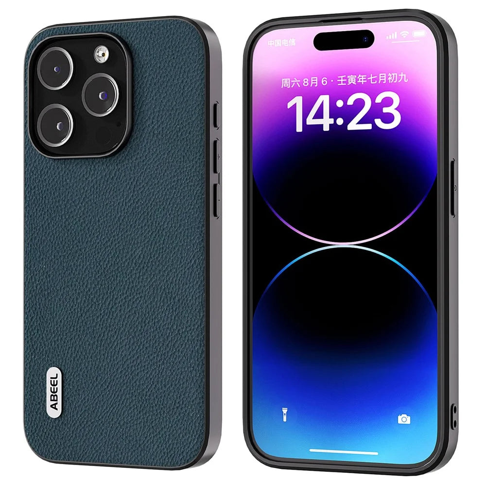 ABEEL For iPhone 15 Pro Max Litchi Texture Slim Case Cowhide Leather+PC+TPU Phone Cover - Green - 1