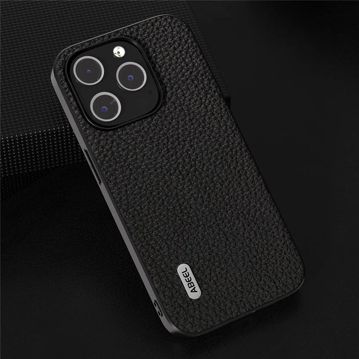 ABEEL For iPhone 15 Pro Anti-Scratch Phone Case Cowhide Leather + PC Litchi Texture Cover - Black - 2