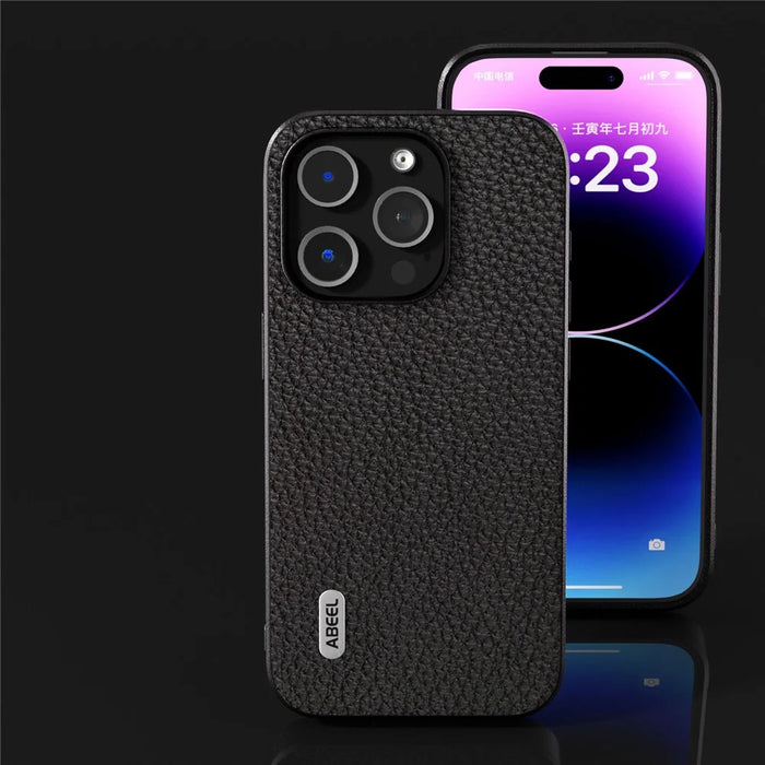 ABEEL For iPhone 15 Pro Anti-Scratch Phone Case Cowhide Leather + PC Litchi Texture Cover - Black - 4