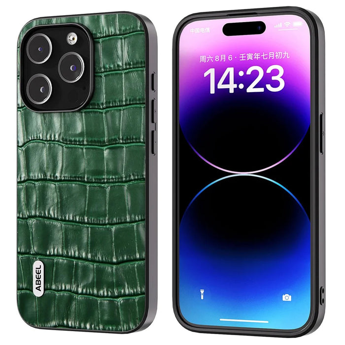 ABEEL For iPhone 15 Pro Crocodile Texture Phone Cover Cowhide Leather Coated PC+TPU Protective Shell - Green - 1