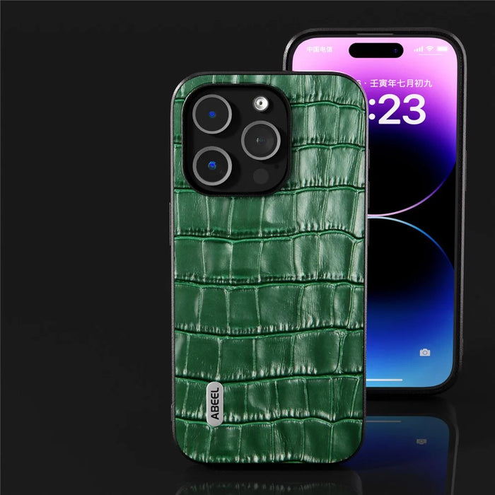 ABEEL For iPhone 15 Pro Crocodile Texture Phone Cover Cowhide Leather Coated PC+TPU Protective Shell - Green - 4