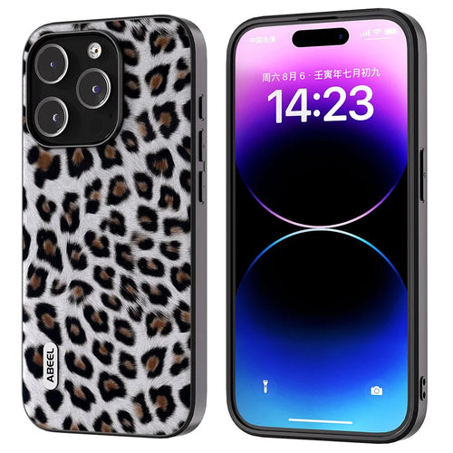 ABEEL For iPhone 15 Pro Protective Phone Case Leopard Pattern PU Leather + TPU + PC Back Cover - Silver - 1