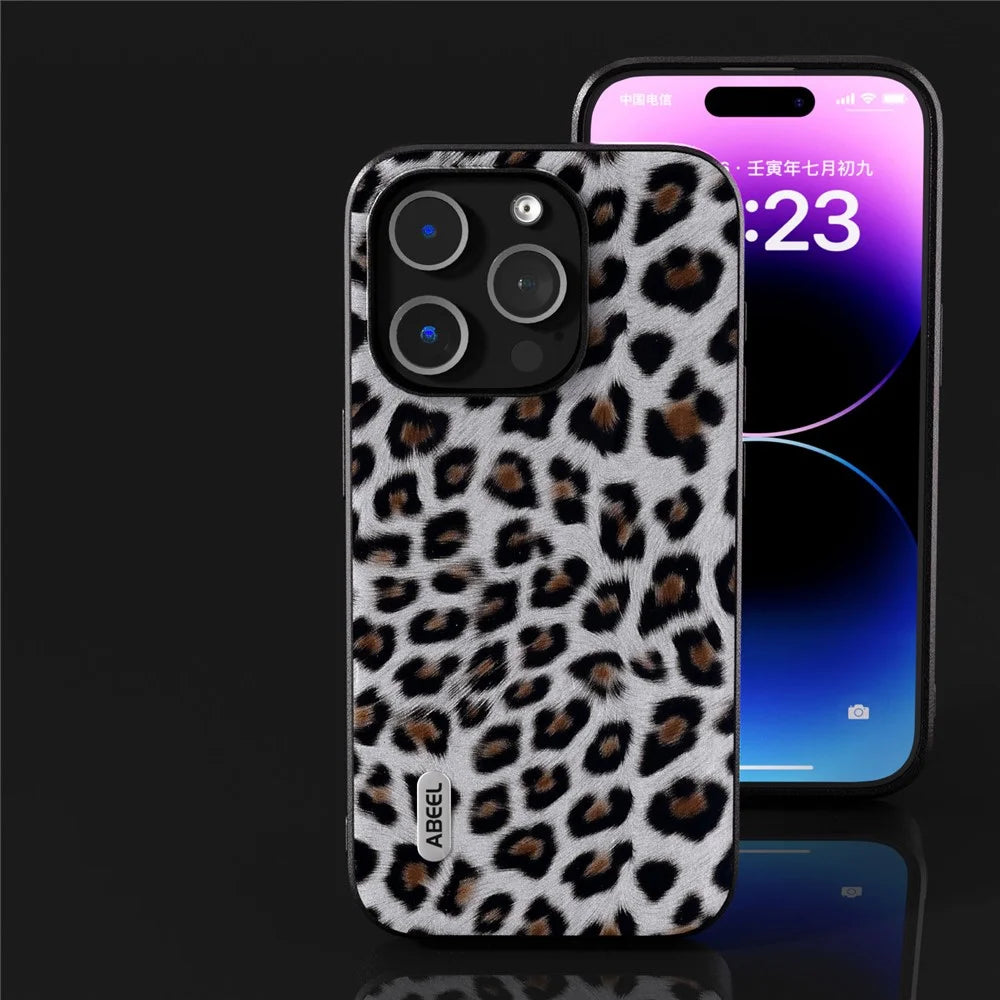 ABEEL For iPhone 15 Pro Protective Phone Case Leopard Pattern PU Leather + TPU + PC Back Cover - Silver - 4