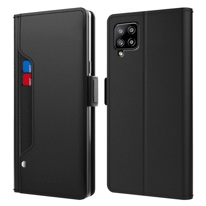 For Samsung Galaxy A12 Mirror Design PU Leather + TPU Stand Case Card Holder Mobile Phone Cover - Black - 1