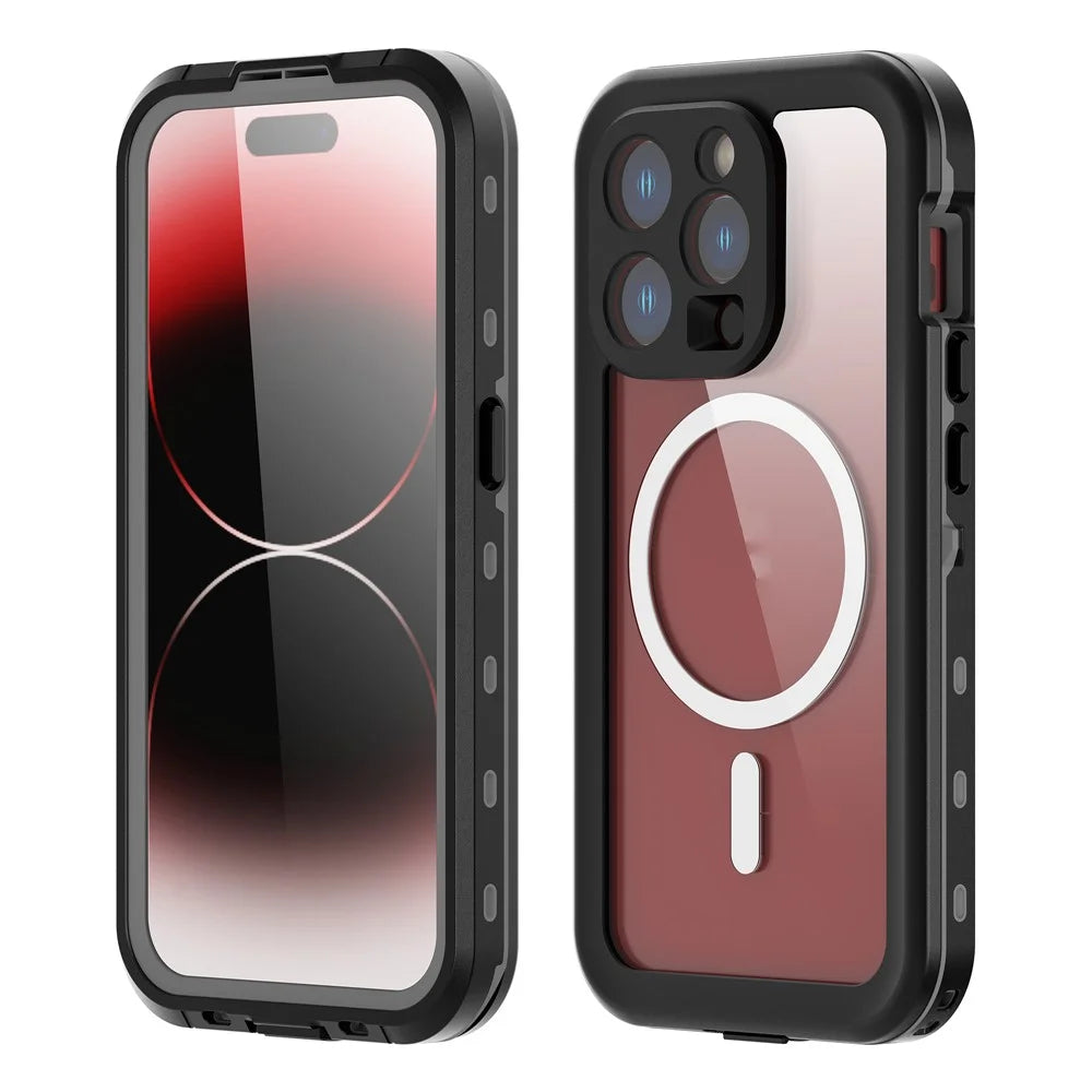 SHELLBOX Dot+ Series IP68 Waterproof Case for iPhone 15 Pro Magnetic PC+TPU Clear Phone Cover Compatible with MagSafe - Black - 1