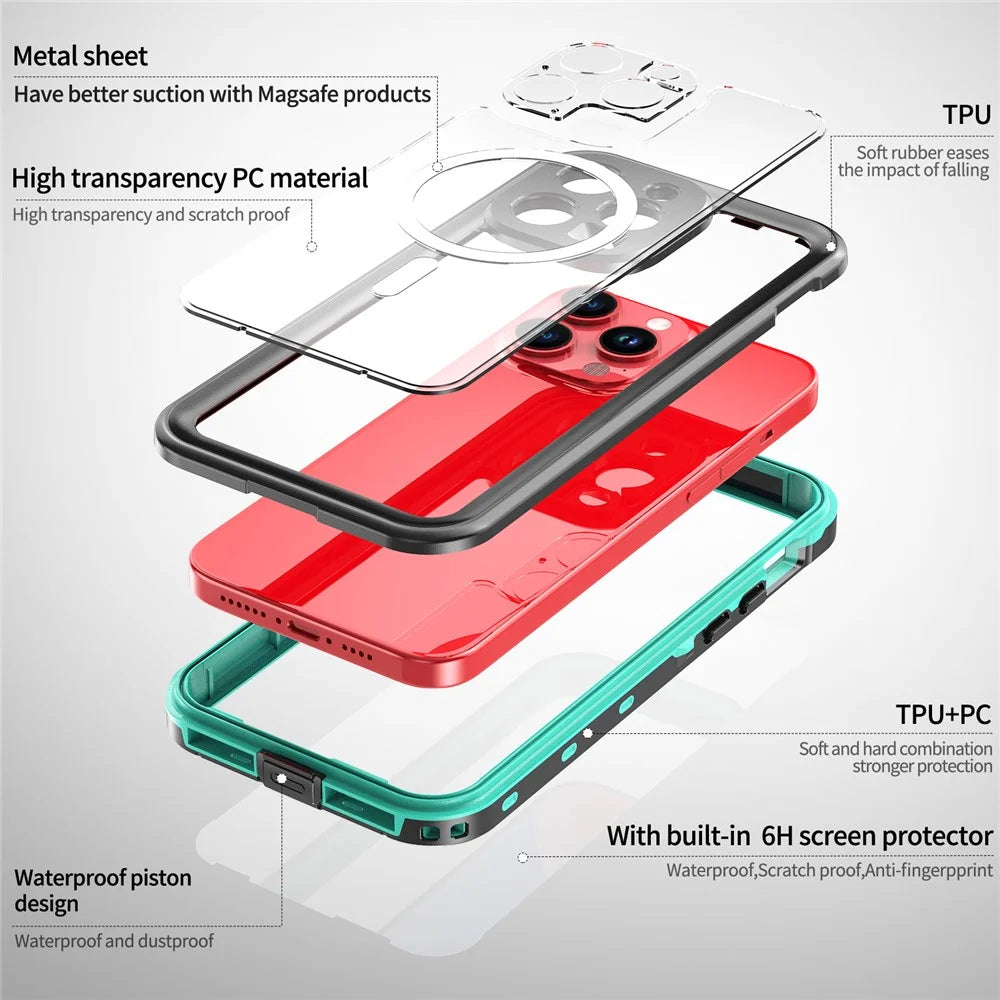 SHELLBOX Dot+ Series Magnetic Case for iPhone 15 Pro Max IP68 Waterproof Clear PC+TPU Phone Shell Compatible with MagSafe - Blue - 6