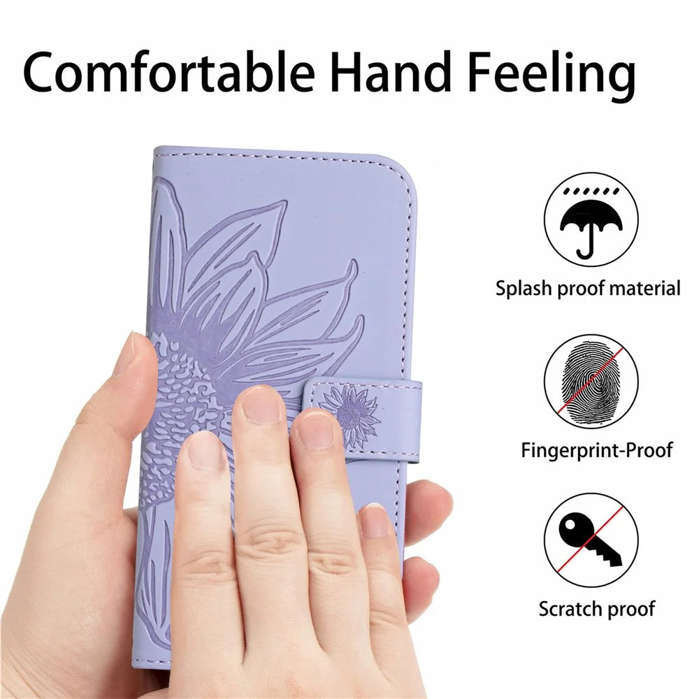 HT04 Phone Case for iPhone 15 Pro , Sunflower Pattern Stand Leather Wallet Cover with Hand Strap - Light Purple - 4