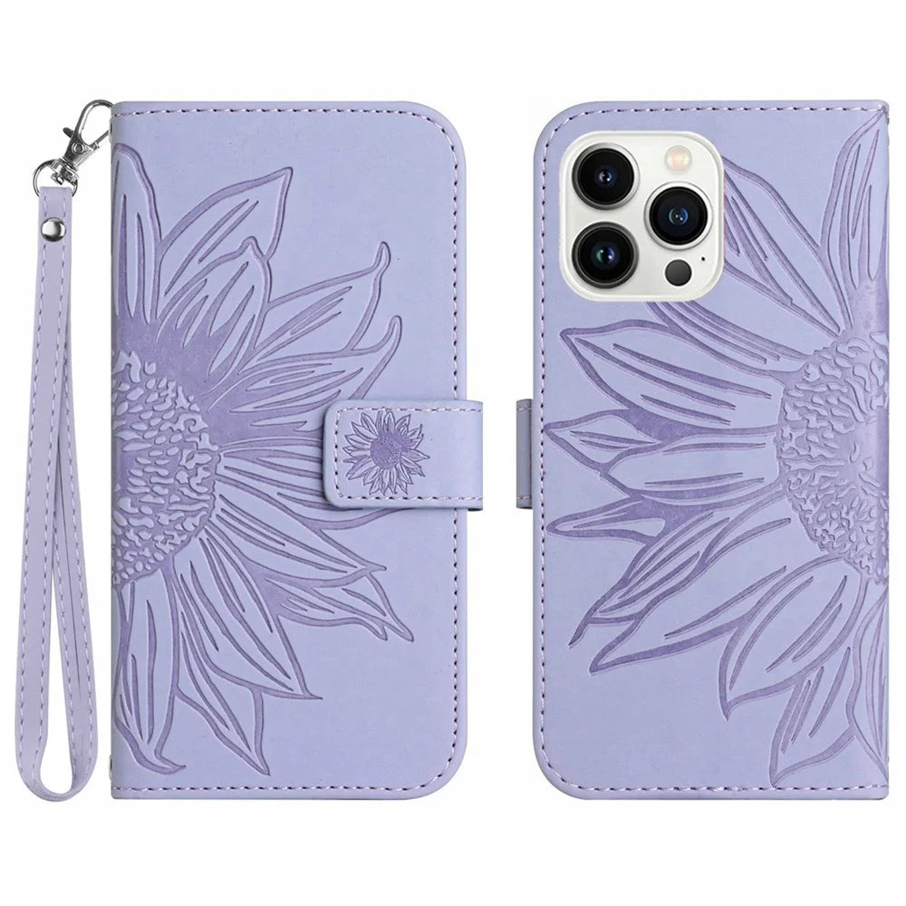 HT04 For iPhone 15 Pro Max Anti-drop Phone Case Sunflower Pattern Stand Leather Wallet Cover with Hand Strap - Light Purple - 1