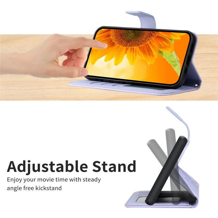HT04 For iPhone 15 Pro Max Anti-drop Phone Case Sunflower Pattern Stand Leather Wallet Cover with Hand Strap - Light Purple - 3