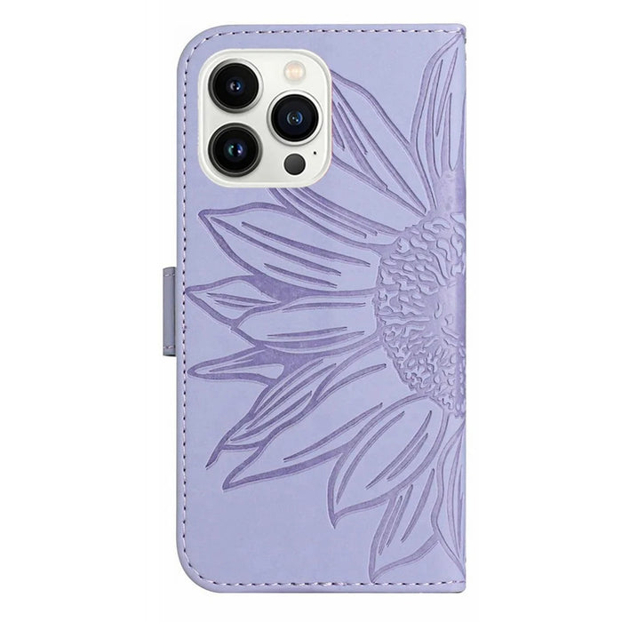 HT04 For iPhone 15 Pro Max Anti-drop Phone Case Sunflower Pattern Stand Leather Wallet Cover with Hand Strap - Light Purple - 7