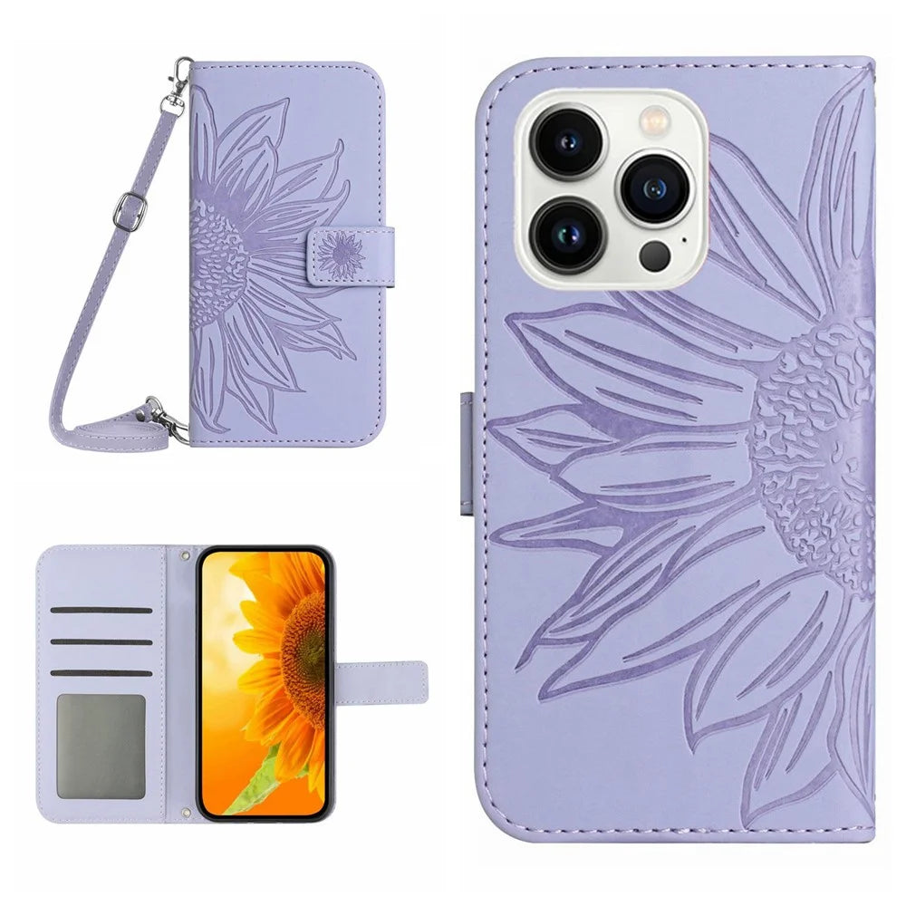 HT04 Stand Shell for iPhone 15 Pro Max Sunflower Imprint Phone Case Leather Wallet with Shoulder Strap - Light Purple - 1