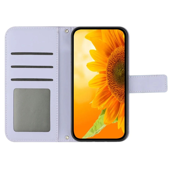 HT04 Stand Shell for iPhone 15 Pro Max Sunflower Imprint Phone Case Leather Wallet with Shoulder Strap - Light Purple - 2
