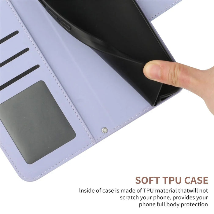 HT04 Stand Shell for iPhone 15 Pro Max Sunflower Imprint Phone Case Leather Wallet with Shoulder Strap - Light Purple - 7
