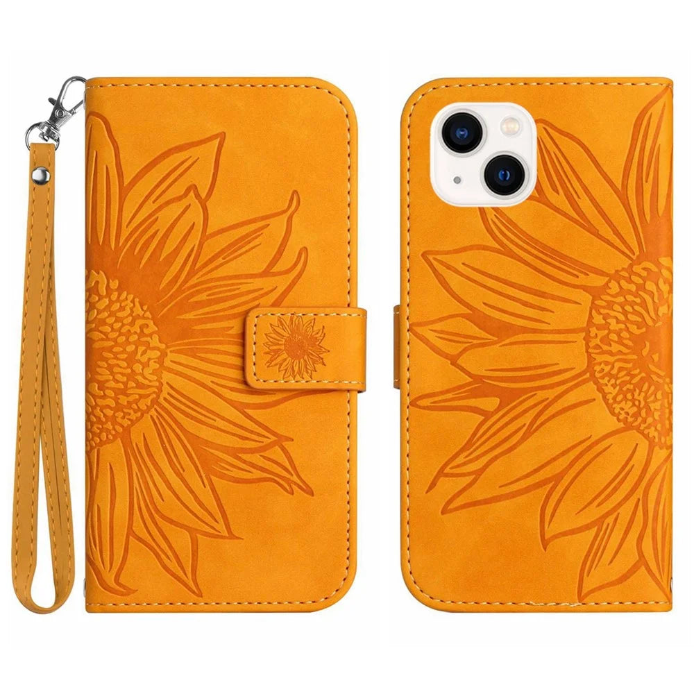 HT04 For iPhone 15 Plus Anti-drop Phone Leather Wallet Case Sunflower Pattern Stand Cover with Hand Strap - Yellow - 1