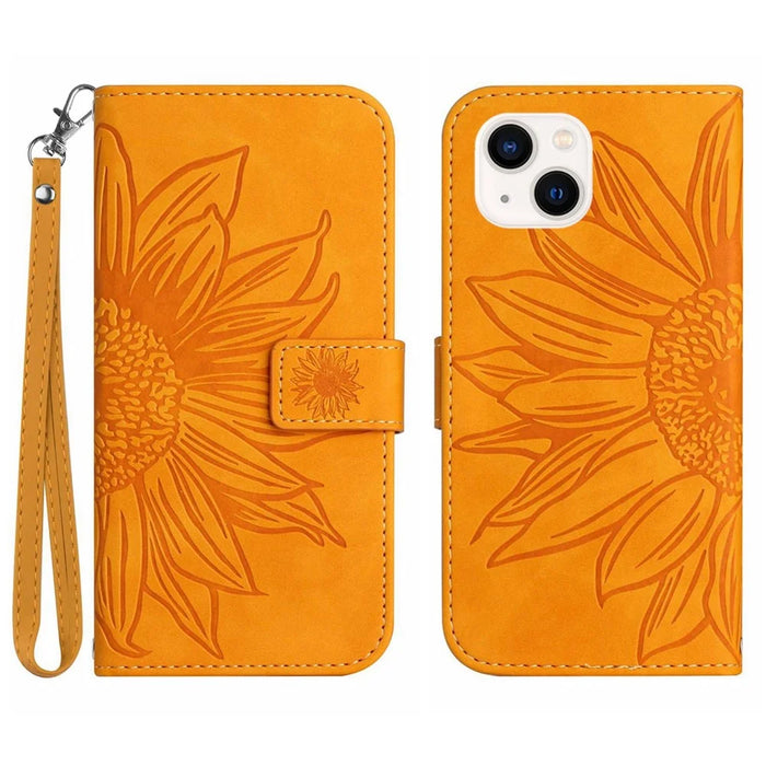 HT04 For iPhone 15 Plus Anti-drop Phone Leather Wallet Case Sunflower Pattern Stand Cover with Hand Strap - Yellow - 1