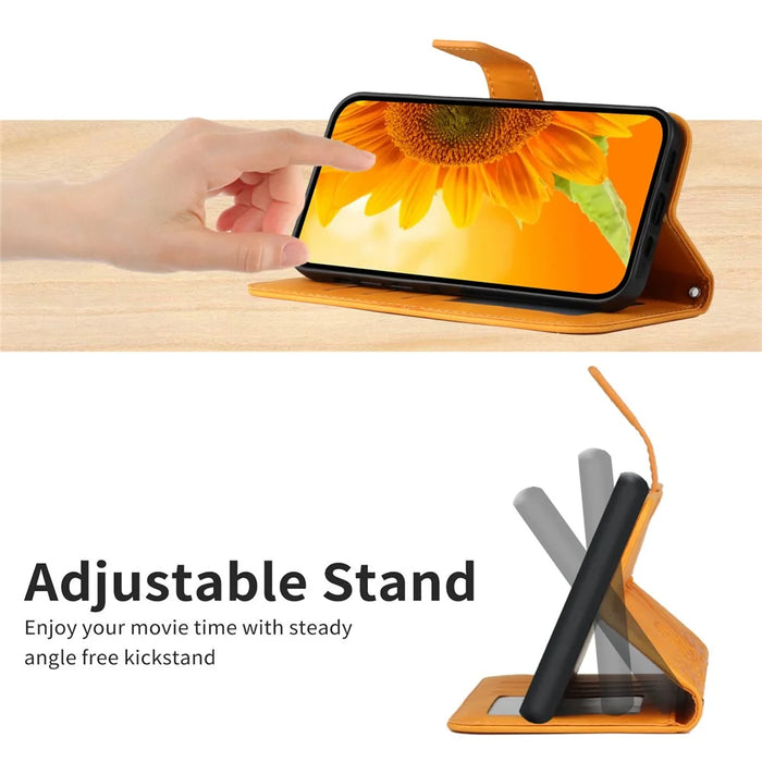 HT04 For iPhone 15 Plus Anti-drop Phone Leather Wallet Case Sunflower Pattern Stand Cover with Hand Strap - Yellow - 3