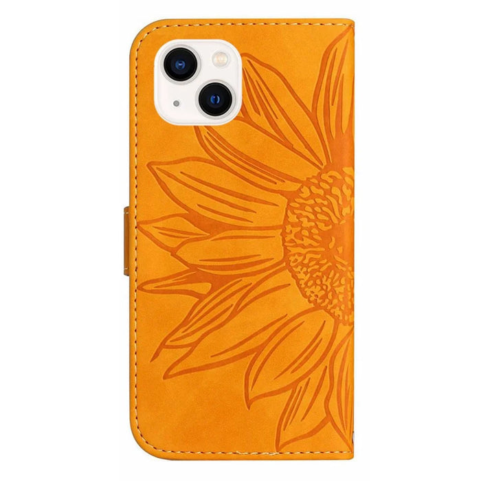 HT04 For iPhone 15 Plus Anti-drop Phone Leather Wallet Case Sunflower Pattern Stand Cover with Hand Strap - Yellow - 7