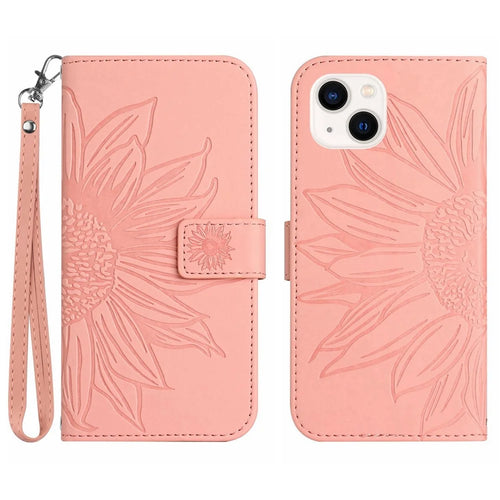 HT04 For iPhone 15 Skin-touch Phone Case Sunflower Pattern Stand Leather Wallet Cover with Hand Strap - Light Pink - 1