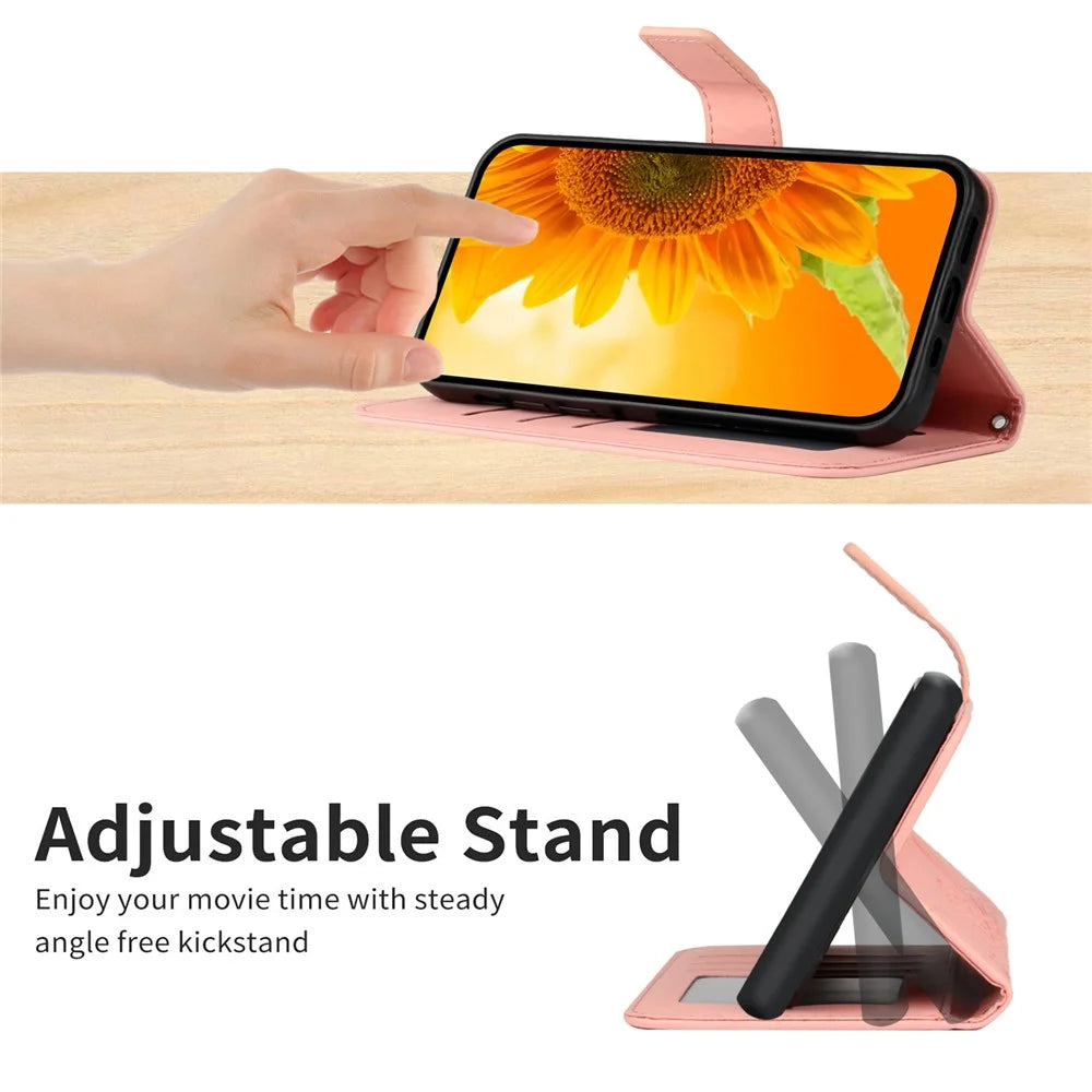HT04 For iPhone 15 Skin-touch Phone Case Sunflower Pattern Stand Leather Wallet Cover with Hand Strap - Light Pink - 3
