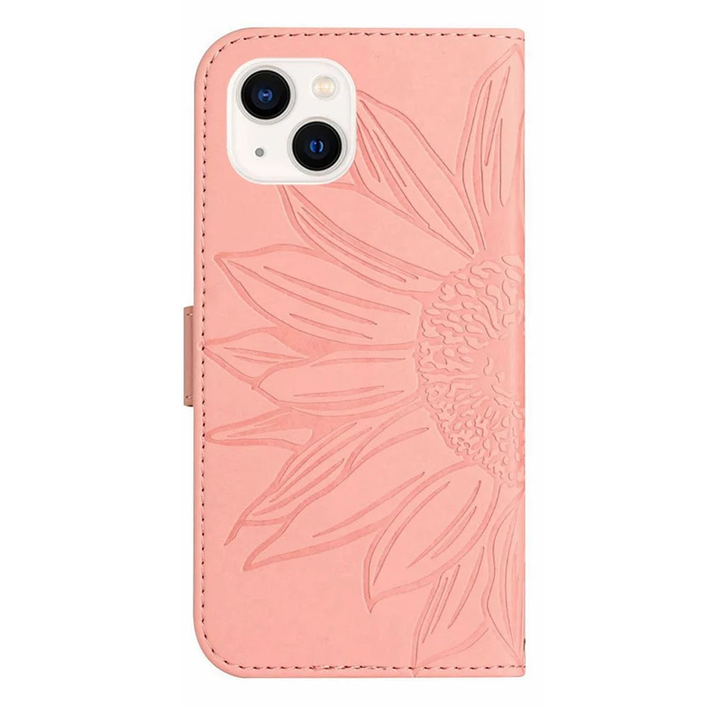 HT04 For iPhone 15 Skin-touch Phone Case Sunflower Pattern Stand Leather Wallet Cover with Hand Strap - Light Pink - 7