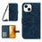 HT04 Sunflower Imprint Phone Case for iPhone 15 Stand Shell Leather Wallet with Shoulder Strap - Dark Blue - 1