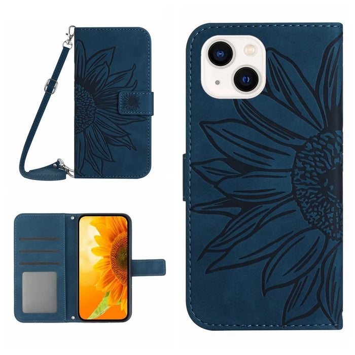 HT04 Sunflower Imprint Phone Case for iPhone 15 Stand Shell Leather Wallet with Shoulder Strap - Dark Blue - 1