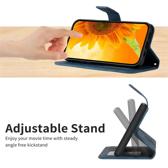 HT04 Sunflower Imprint Phone Case for iPhone 15 Stand Shell Leather Wallet with Shoulder Strap - Dark Blue - 3