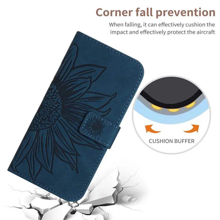 HT04 Sunflower Imprint Phone Case for iPhone 15 Stand Shell Leather Wallet with Shoulder Strap - Dark Blue - 6